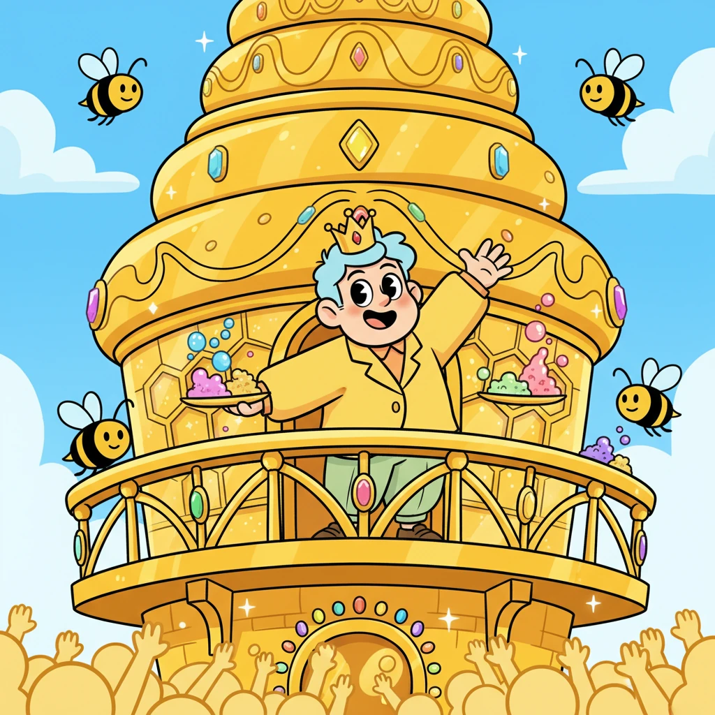 Barnaby moved into a colossal, multi-tiered hive, sparkling with gold and jewels. He hired a team of worker bees to help with the bustling demand, zooming around with trays of exotic honey flavors. He wore a tiny crown and waved to his adoring fans from his grand balcony, enjoying the sweet life.