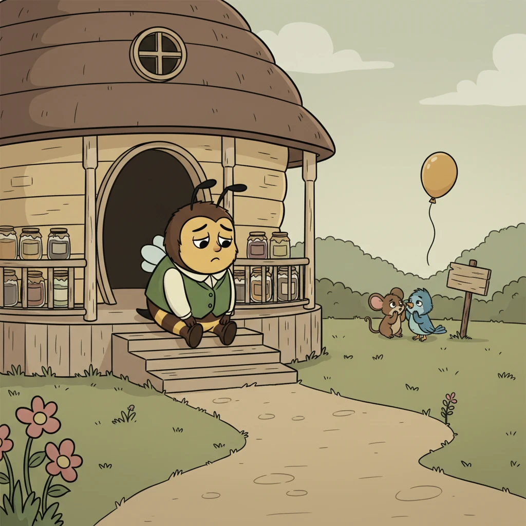 Slowly, the long lines disappeared. Animals whispered that Barnaby's honey wasn't as special anymore. His grand hive felt emptier each day, and the once-vibrant colors of his jars seemed to fade, much like his dwindling fame. Barnaby felt a strange, hollow buzzing in his heart.