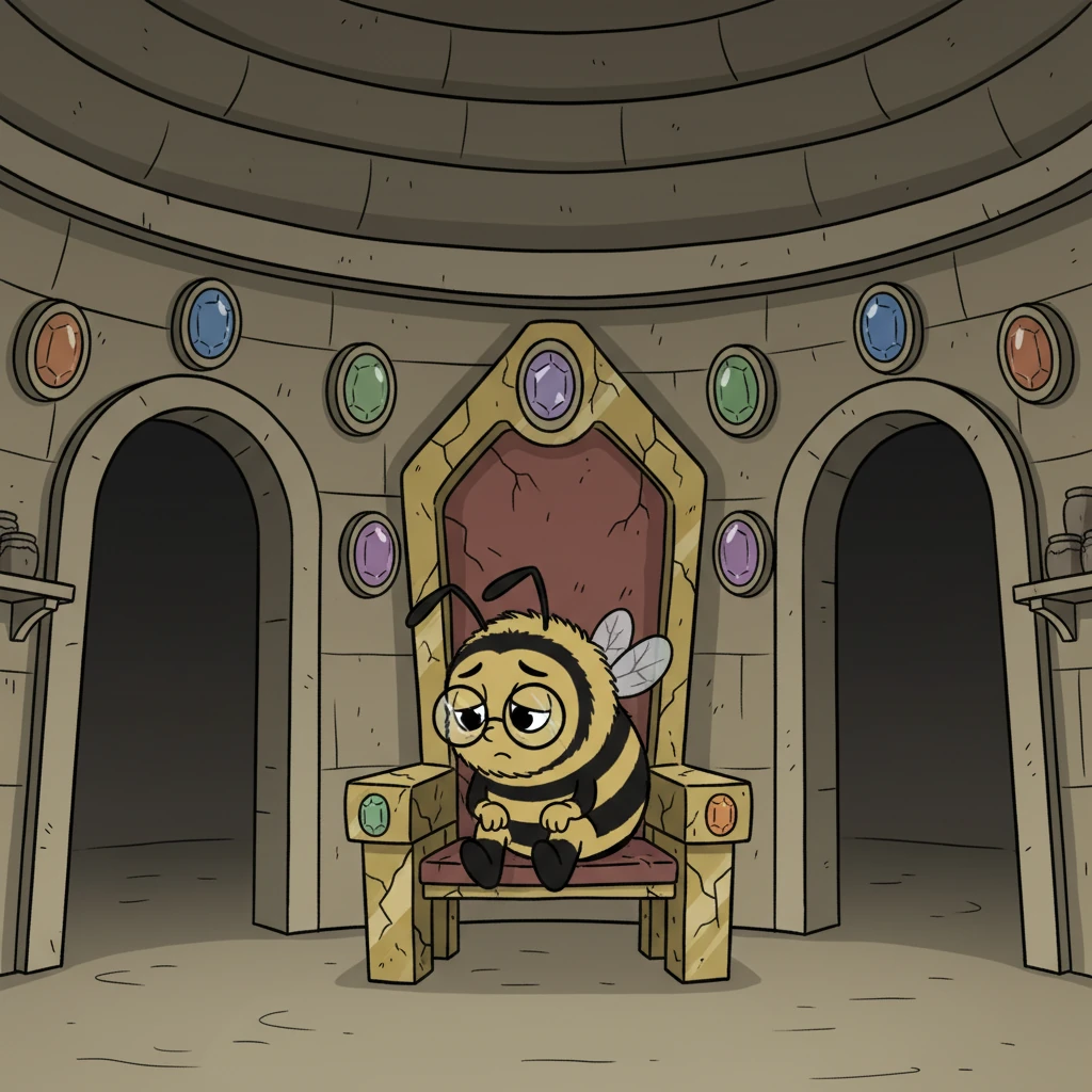 One grey morning, Barnaby sat alone in his silent, empty hive. The once-gleaming gold now looked dull, and the jewels had lost their sparkle. All his worker bees had left, and there wasn't a single jar of honey to be made. He had reached the very bottom, with nothing but echoes for company.