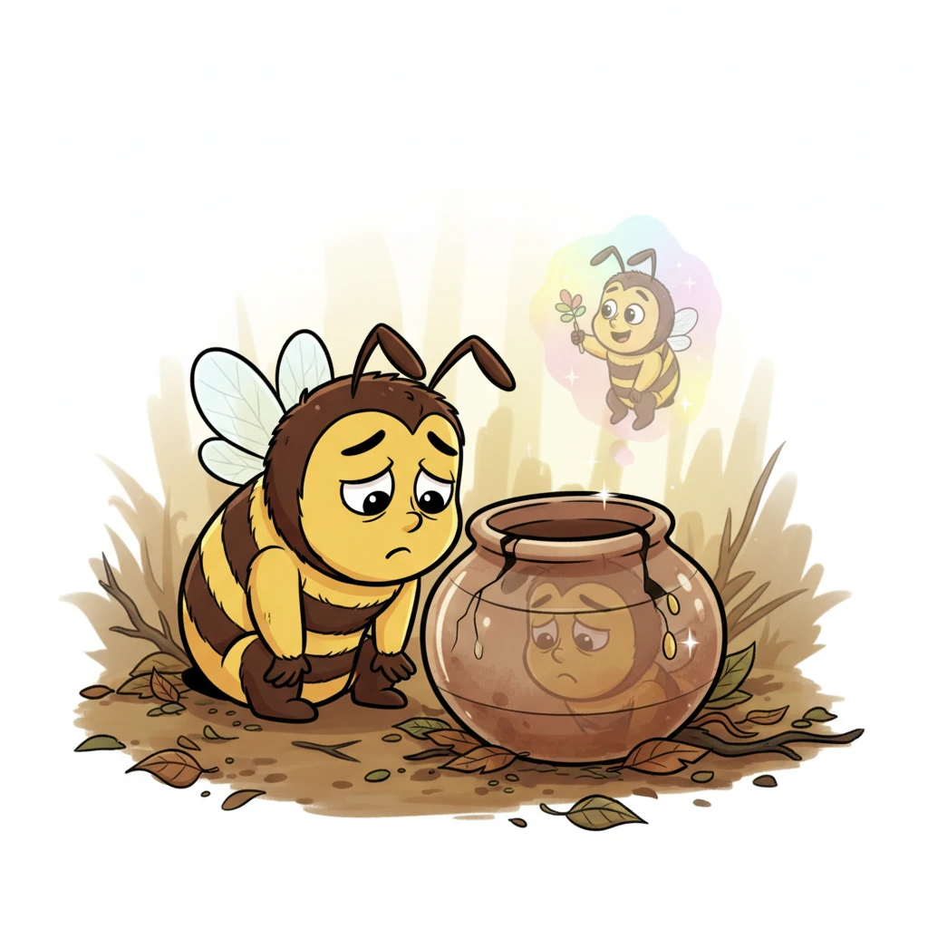 Barnaby looked at his reflection in a forgotten, empty honey pot. He saw a tired bee, not the joyous, creative one he used to be. He realized he'd chased glittering success instead of the simple joy of creating. A tiny spark of an old idea flickered within him, a memory of pure, unadulterated fun.