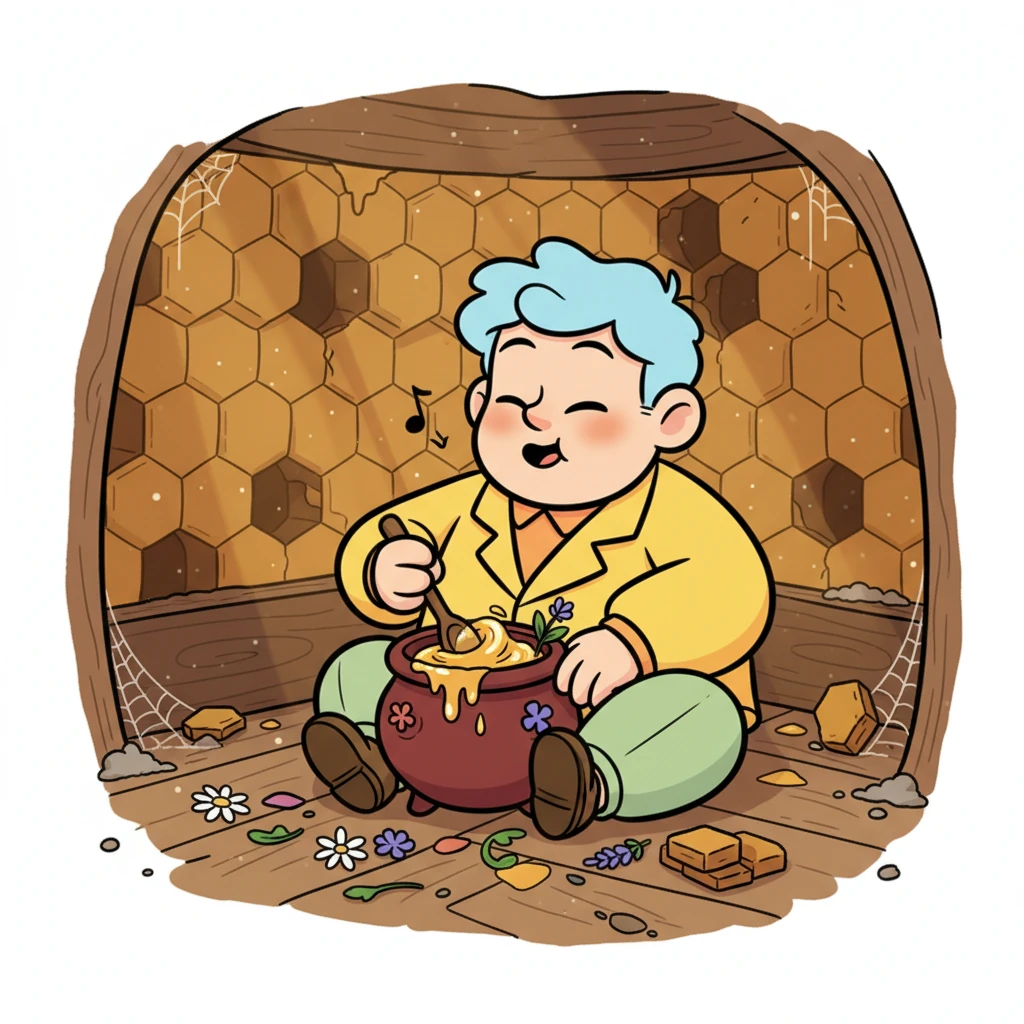 He found a tiny, dusty corner of his giant hive, far from the grand halls. With a single small pot and a few leftover flowers, he began to make honey again, just for himself. He hummed a forgotten tune, stirring slowly, letting his heart guide his paws, not the desire for fame.