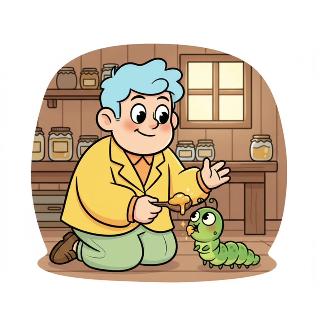 A little caterpillar, lost and hungry, stumbled upon Barnaby's humble new workshop. Barnaby offered a small dollop of his fresh, simple honey, made with love and care. The caterpillar munched happily, its eyes widening with delight at the familiar, wonderful taste. Barnaby smiled, a genuine, warm smile.