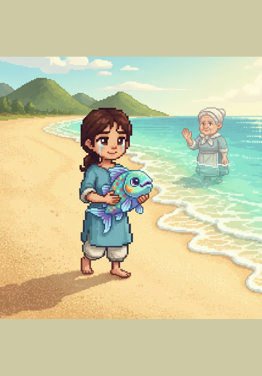 كانت حنان تمشي على رمال الشاطئ الذهبية تحت أشعة الشمس الدافئة. لمحت فجأة شيئاً يتحرك بضعف وسط شبكة صيد قديمة مهجورة ملقاة بين الصخور.