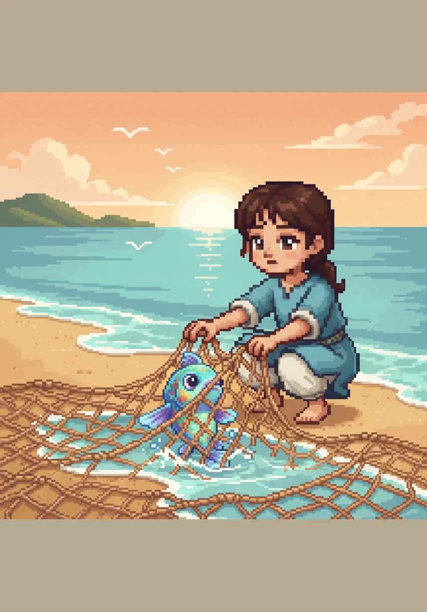 اقتربت حنان لتجد سمكة زاهية الألوان تتخبط بيأس داخل خيوط الشبكة القاسية. كانت السمكة تحاول جاهدة الإفلات والعودة إلى موطنها في المياه الزرقاء الصافية.