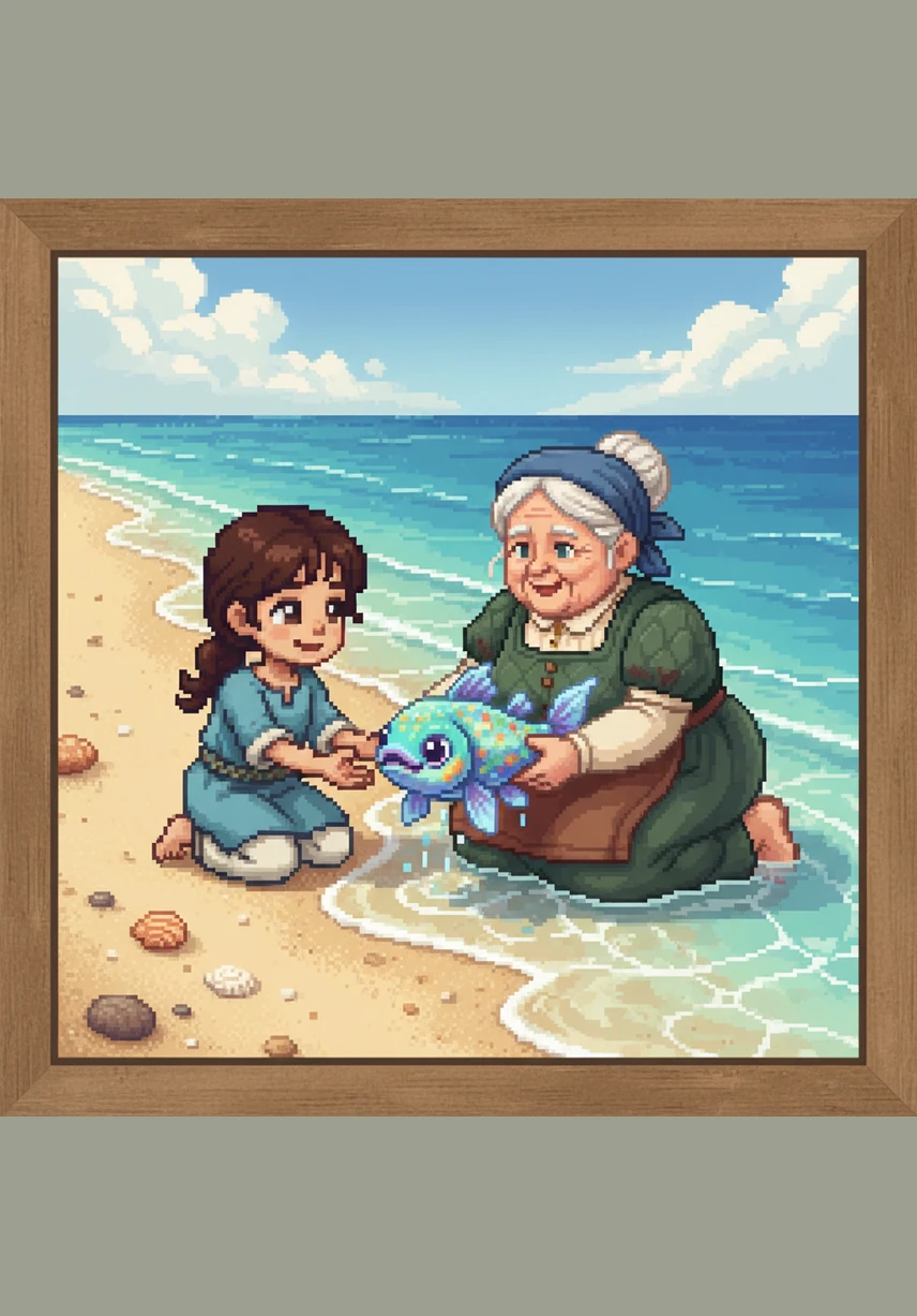 عندما تحررت السمكة أخيراً، حملتها حنان بين كفيها وأعادتها برفق إلى الأمواج المتكسرة على الشاطئ. راقبتها حنان وهي تسبح مبتعدة وتلوح بزعنفتها قبل أن تختفي في الأعماق.