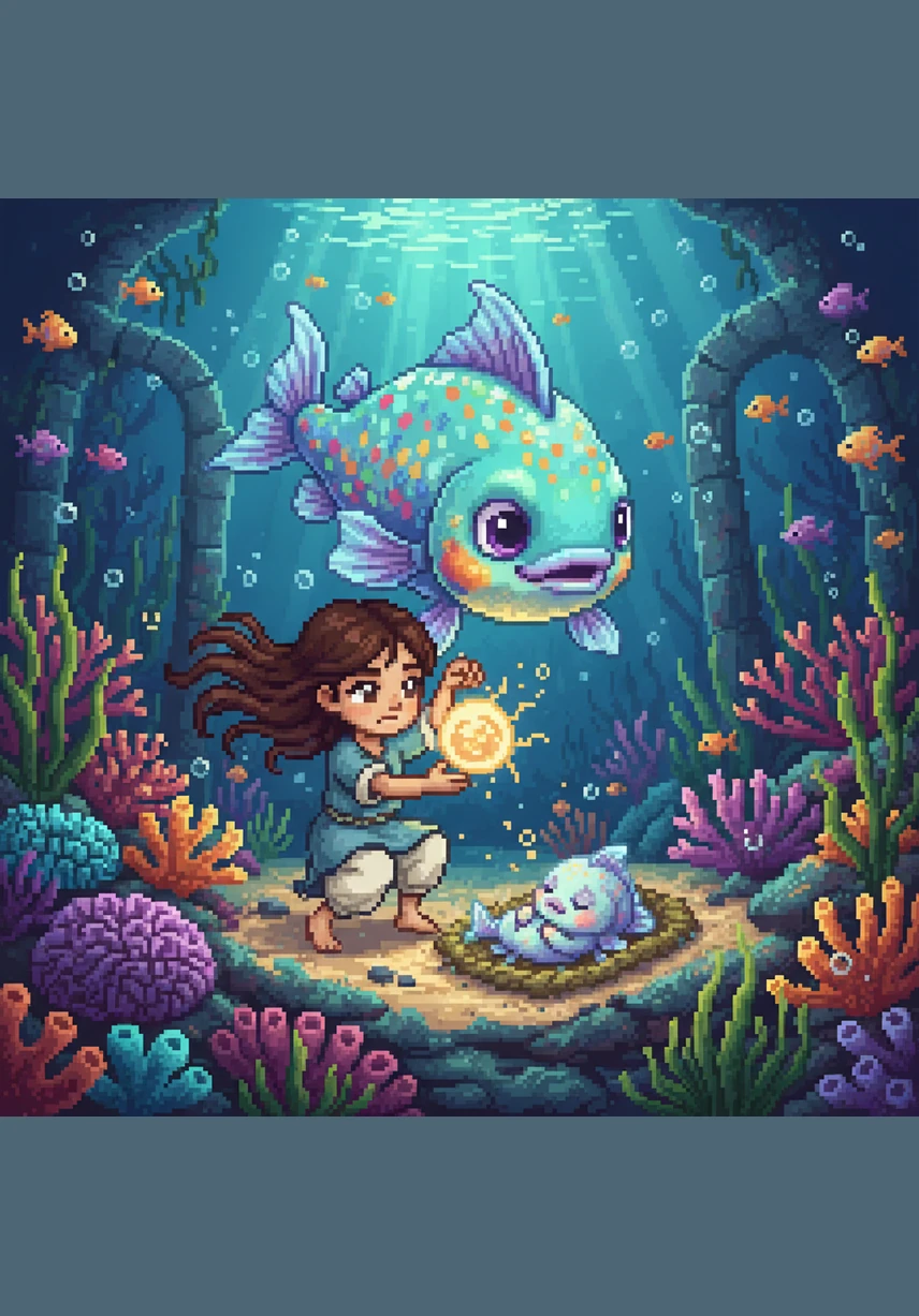 غاصت السمكة في أعماق المحيط لتجد صغارها ينتظرونها بشوق وقلق. احتضنت السمكة صغارها وهي تشعر بالامتنان العميق للفتاة الطيبة التي أنقذت حياتها وأعادتها لعائلتها.