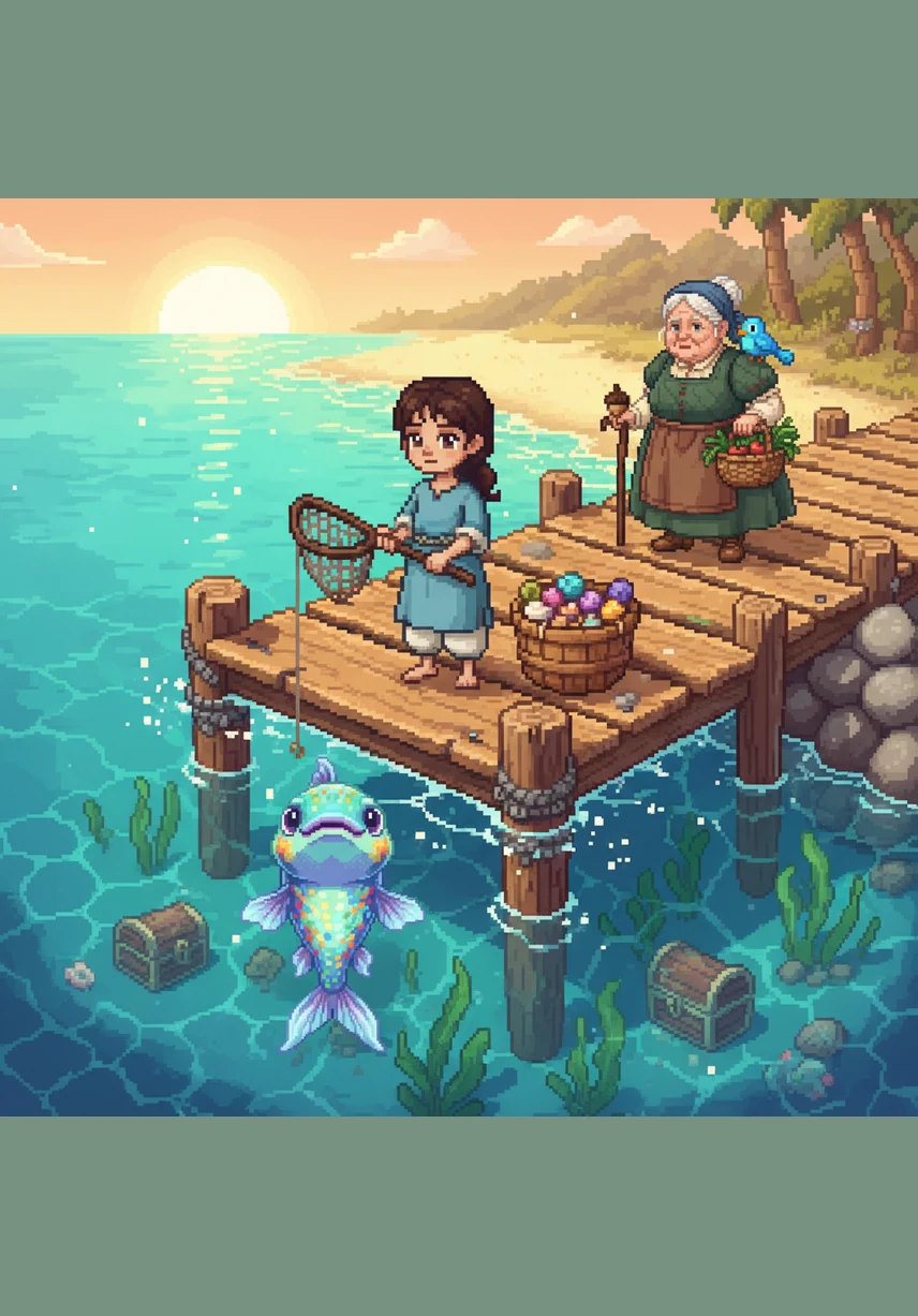 في صباح اليوم التالي، عادت حنان إلى نفس المكان على الصخور لتفاجأ بالسمكة تطل برأسها من الماء. كانت السمكة تحمل في فمها شيئاً يلمع ببريق سحري تحت ضوء الشمس.