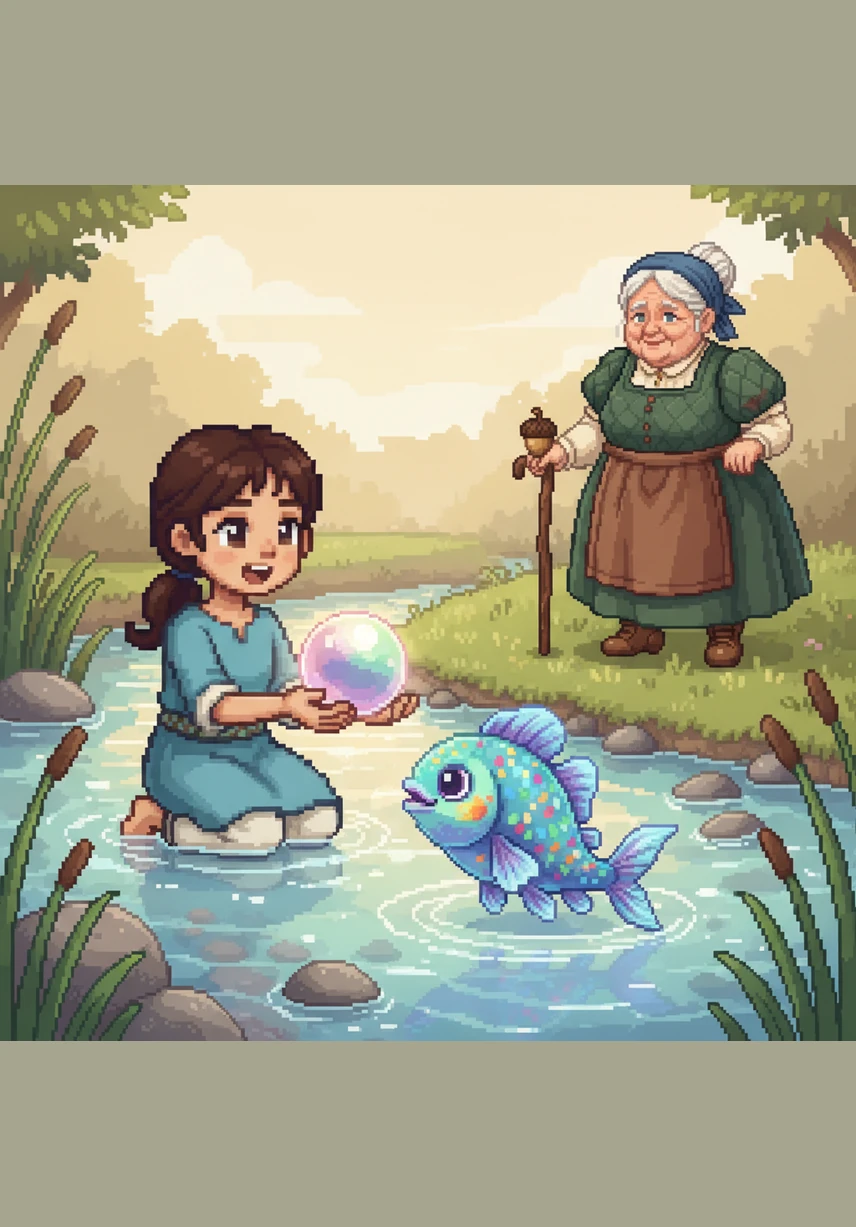 قفزت السمكة برفق لتضع لؤلؤة ضخمة ونادرة بين يدي حنان المندهشة. كانت اللؤلؤة تتلألأ بألوان قوس قزح، كهدية شكر غالية على إنقاذ حياة السمكة.