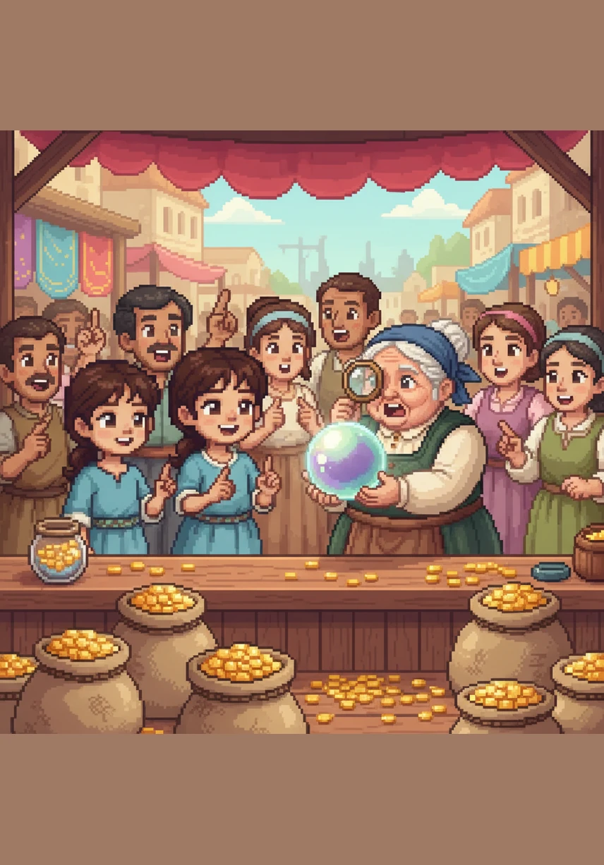 توجهت حنان وجدتها إلى سوق المدينة الكبير لعرض اللؤلؤة الفريدة على خبير المجوهرات. اندهش الجميع من جمالها ونقائها، واشتراها التاجر منهما بمبلغ كبير جداً من المال.