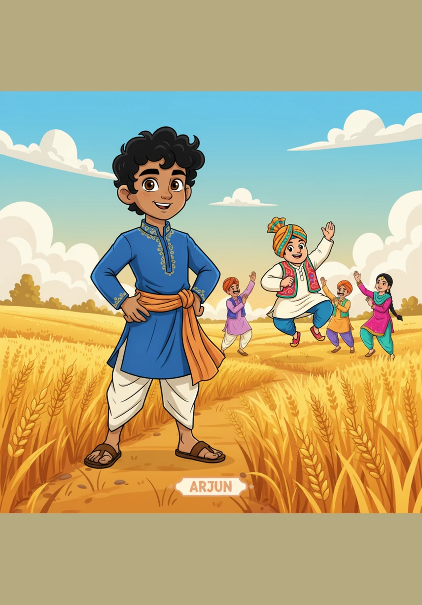 Under a bright morning sun, young Arjun looks out over the vast, golden wheat fields of Punjab. The stalks sway gently in the breeze, signaling that the long-awaited harvest time has finally arrived.