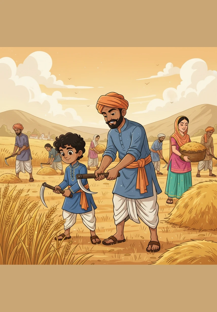 Arjun joins his father and the other farmers in the field, learning how to carefully cut the ripened grain. The air is filled with the sweet scent of dry hay and the rhythmic sound of sickles at work.