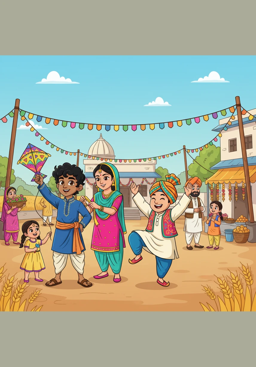 Back at the village, the streets come alive with vibrant colors as families hang bright orange and yellow marigold garlands. Everyone is preparing for Baisakhi, the most joyous day of the year, celebrating a bountiful harvest.