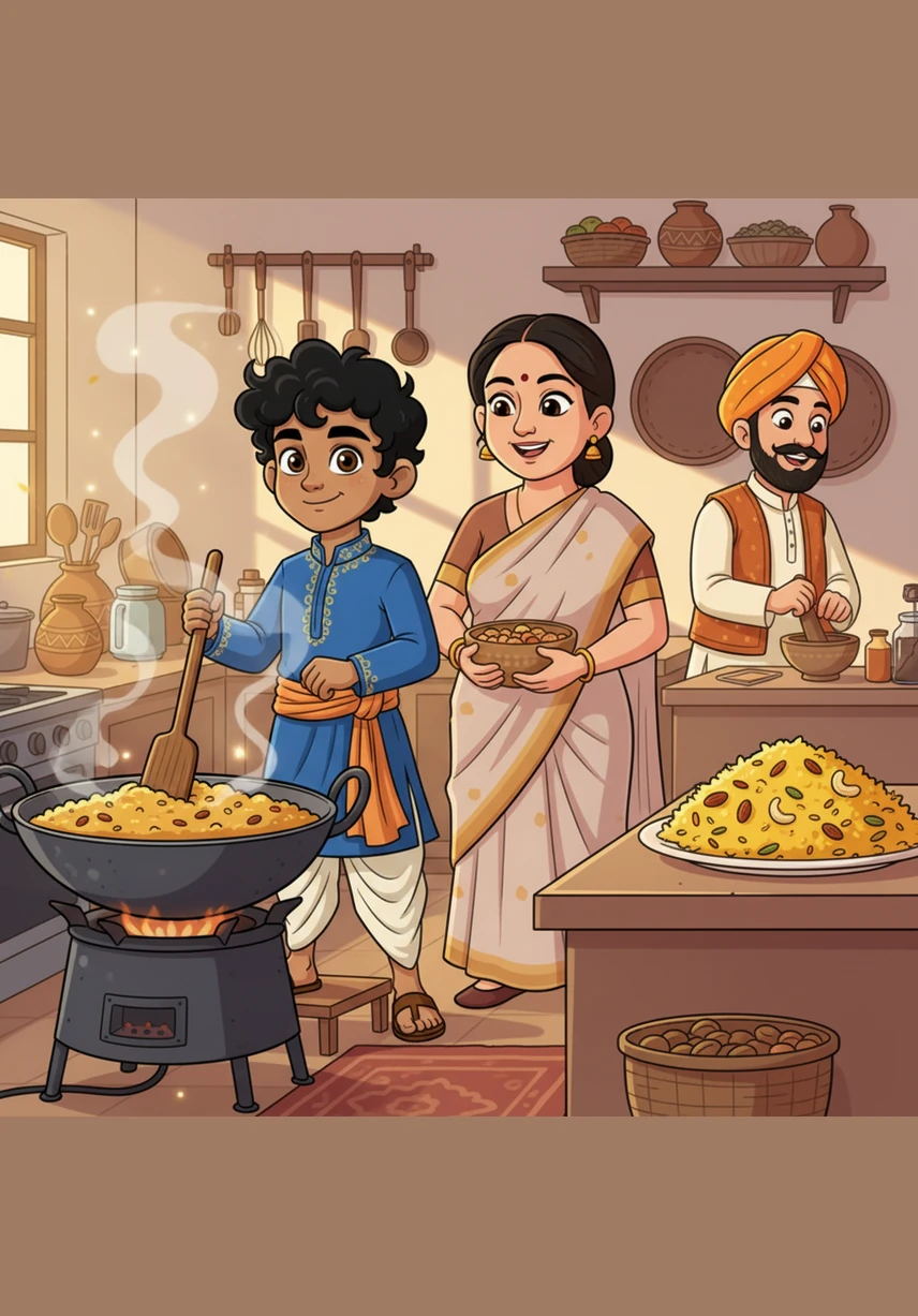 Arjun helps his mother prepare traditional sweets like Kada Prasad and yellow saffron rice in their bustling kitchen. The warm aroma of ghee and sugar fills their home, making everyone's mouth water in anticipation.