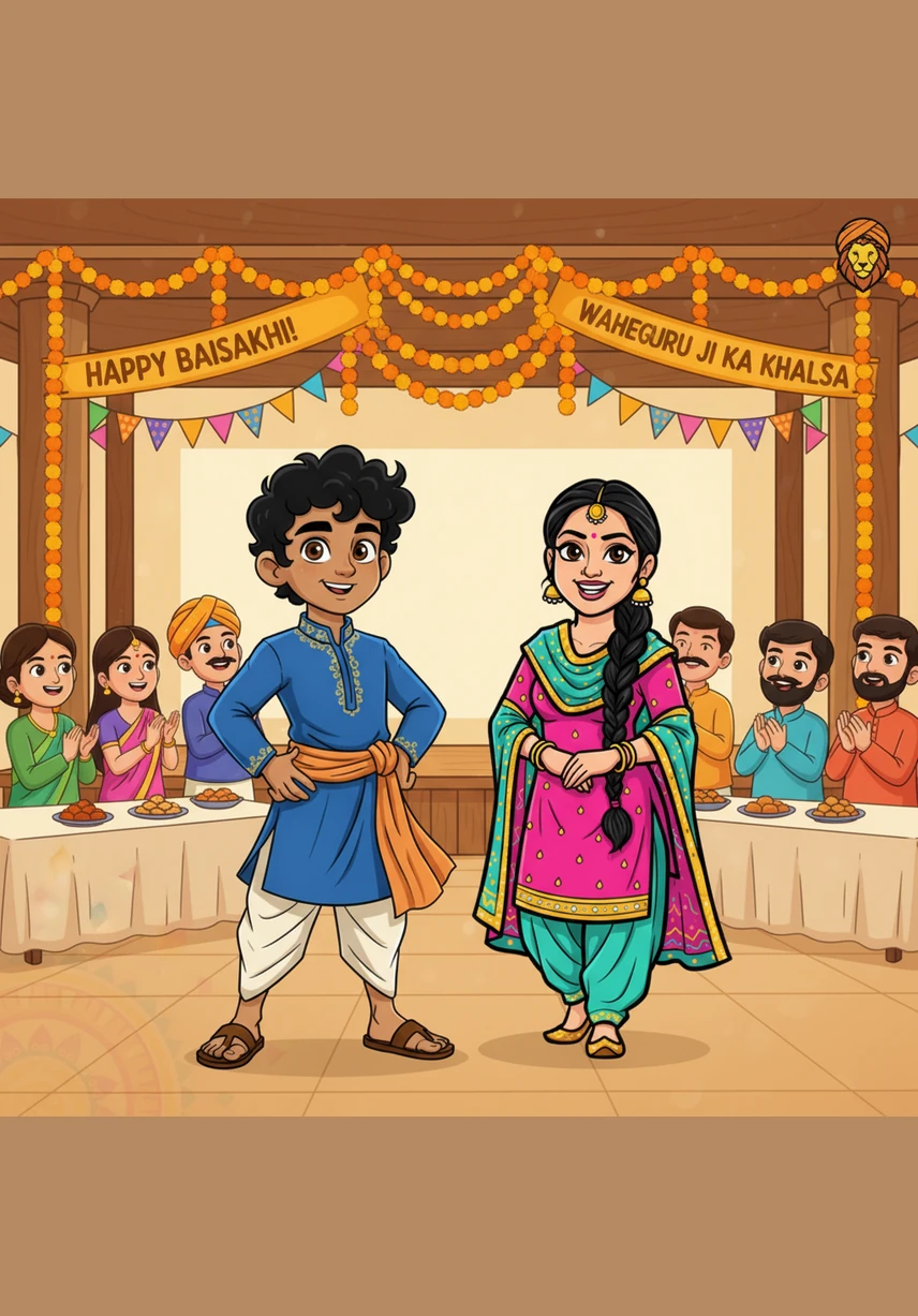 Inside the community hall, Arjun helps serve Langar to people from all walks of life sitting together on the floor. This spirit of selfless service and equality is the heart of the Baisakhi celebration.