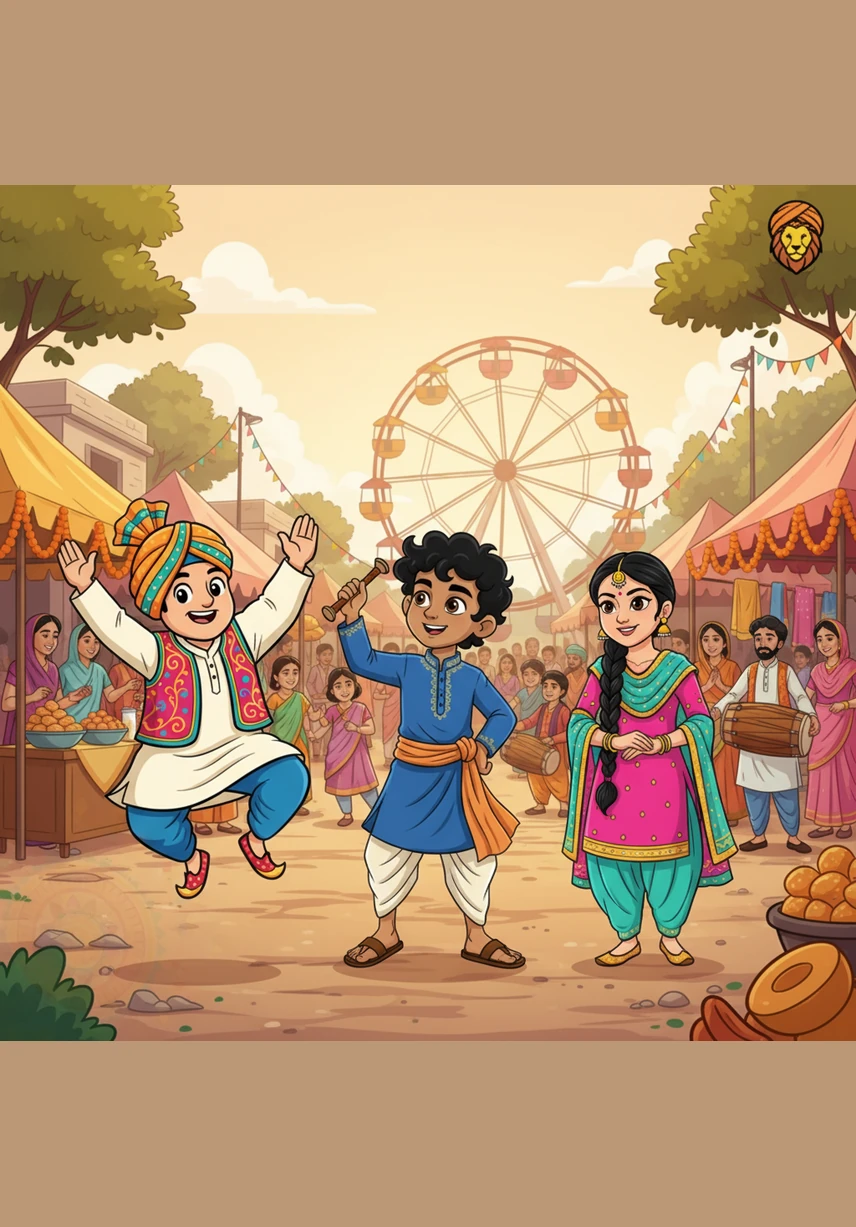 After the prayers, the village square transforms into a grand Baisakhi Mela filled with giant swings and colorful stalls. Arjun’s eyes widen with excitement as he sees the glittering toys and hears the cheers of the crowd.