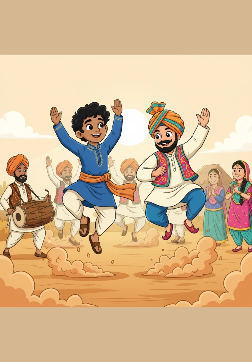 The beat of the dhol drum starts, and Arjun joins the men in a high-energy Bhangra dance. They leap and swirl in the dust, their colorful vests flashing under the sun as they celebrate their hard work.