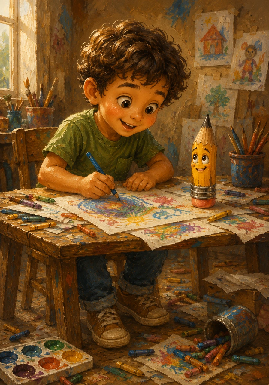 Leo was a little boy who absolutely loved to draw, scattering vibrant colors across sheets of white paper every single day. His desk was always filled with bright ideas, but his floor was often littered with forgotten, half-used art supplies.