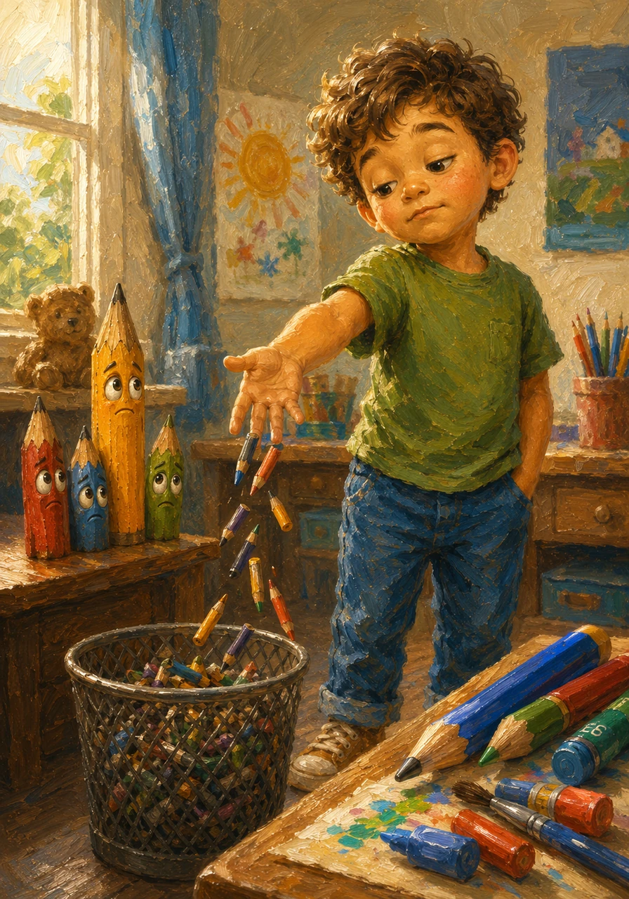 Whenever Leo's colored pencils grew small and stubby, he would carelessly toss them into the trash bin. He believed that only big, shiny new tools were capable of creating the beautiful masterpieces he imagined.