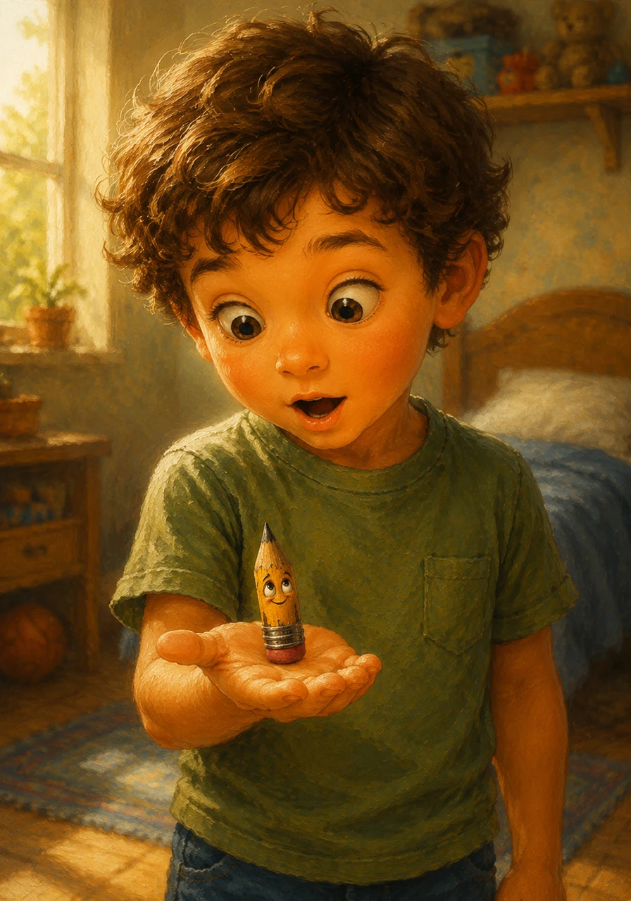 One sunny afternoon, as Leo reached to throw away another tiny, worn-down pencil, he heard a faint, squeaky voice calling out to him. He froze in surprise, staring down at the little yellow pencil resting in his palm.