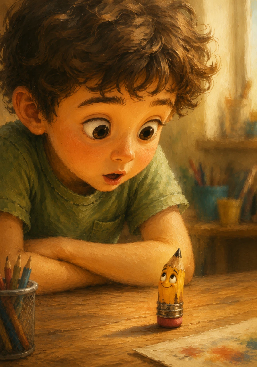 The tiny pencil looked up with a brave smile on its face and said, Please don't waste me, Leo! I may be small, but my lead is still sharp, and I can still help you create beautiful art if you give me a chance.