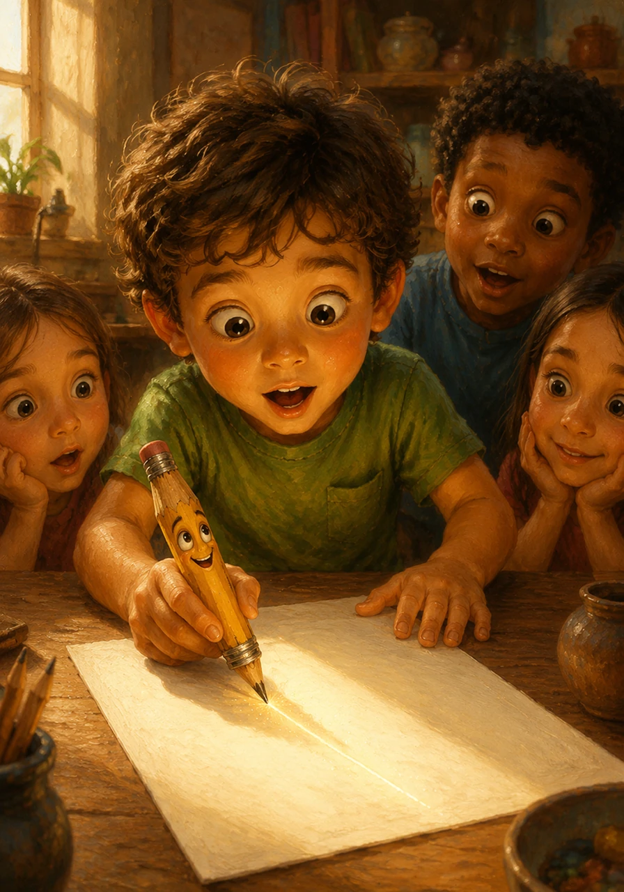 Astonished to hear a pencil speak, Leo decided to put it to the test and carefully pressed the small tip against a fresh sheet of paper. To his amazement, the pencil glided smoothly, leaving behind rich, bright, and perfect lines.