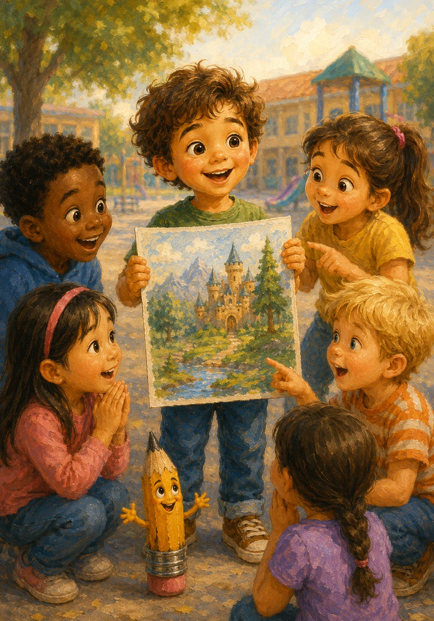 The next morning, Leo proudly took his new masterpiece to school to show all of his friends during recess. His classmates gathered around in awe, cheering and pointing at the incredible details of the artwork.