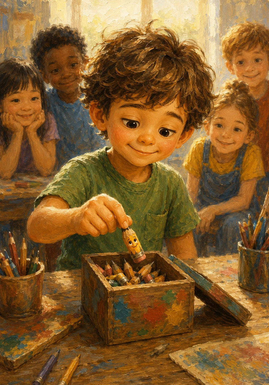 From that day on, Leo never wasted his art supplies again, keeping a special box for his short pencils. He learned that every little resource is precious and that even the smallest things can make a big, beautiful difference in the world.
