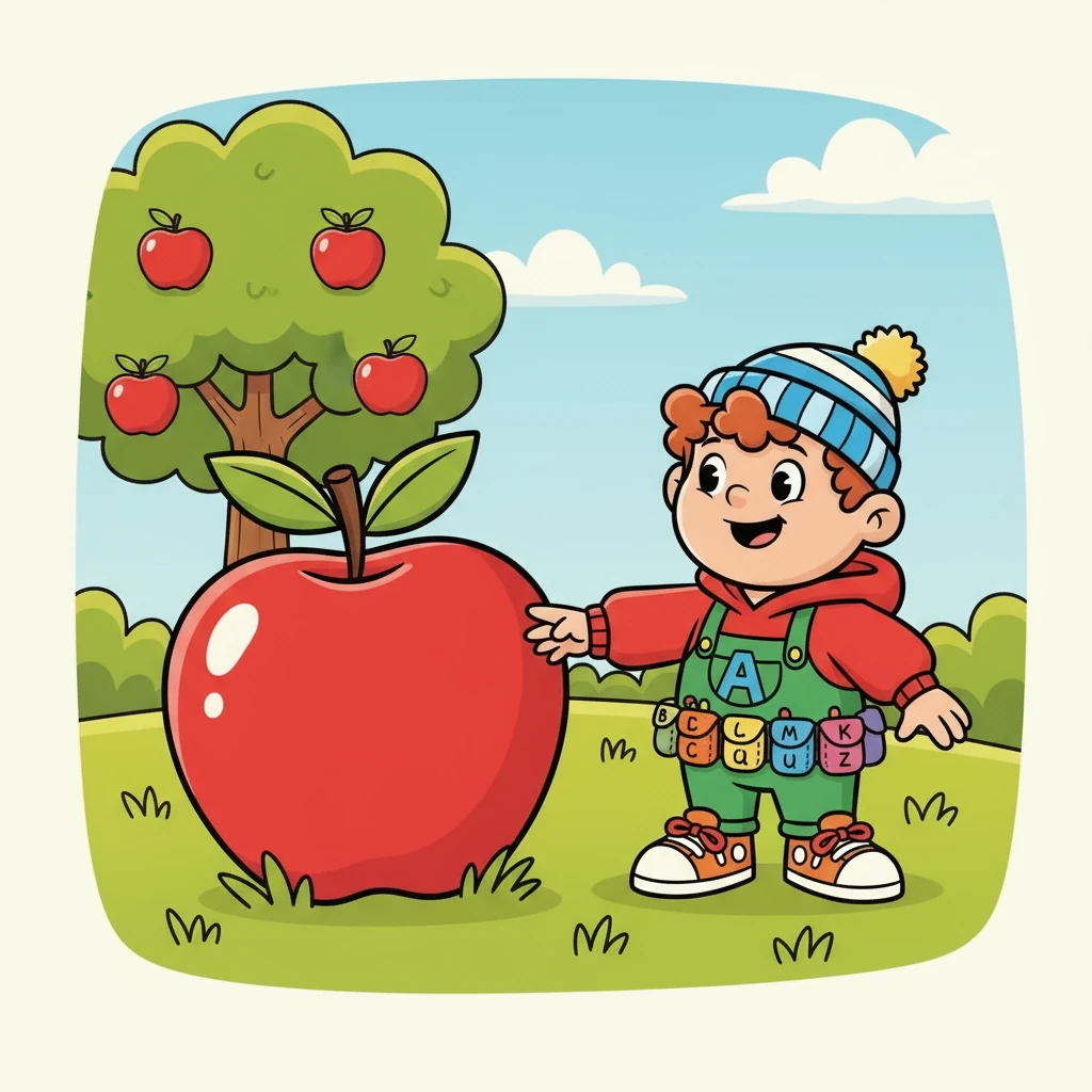 Alfie the aardvark began his alphabet adventure with 'A'! He admired a big, bright apple. 'A' is for apple, a tasty treat!