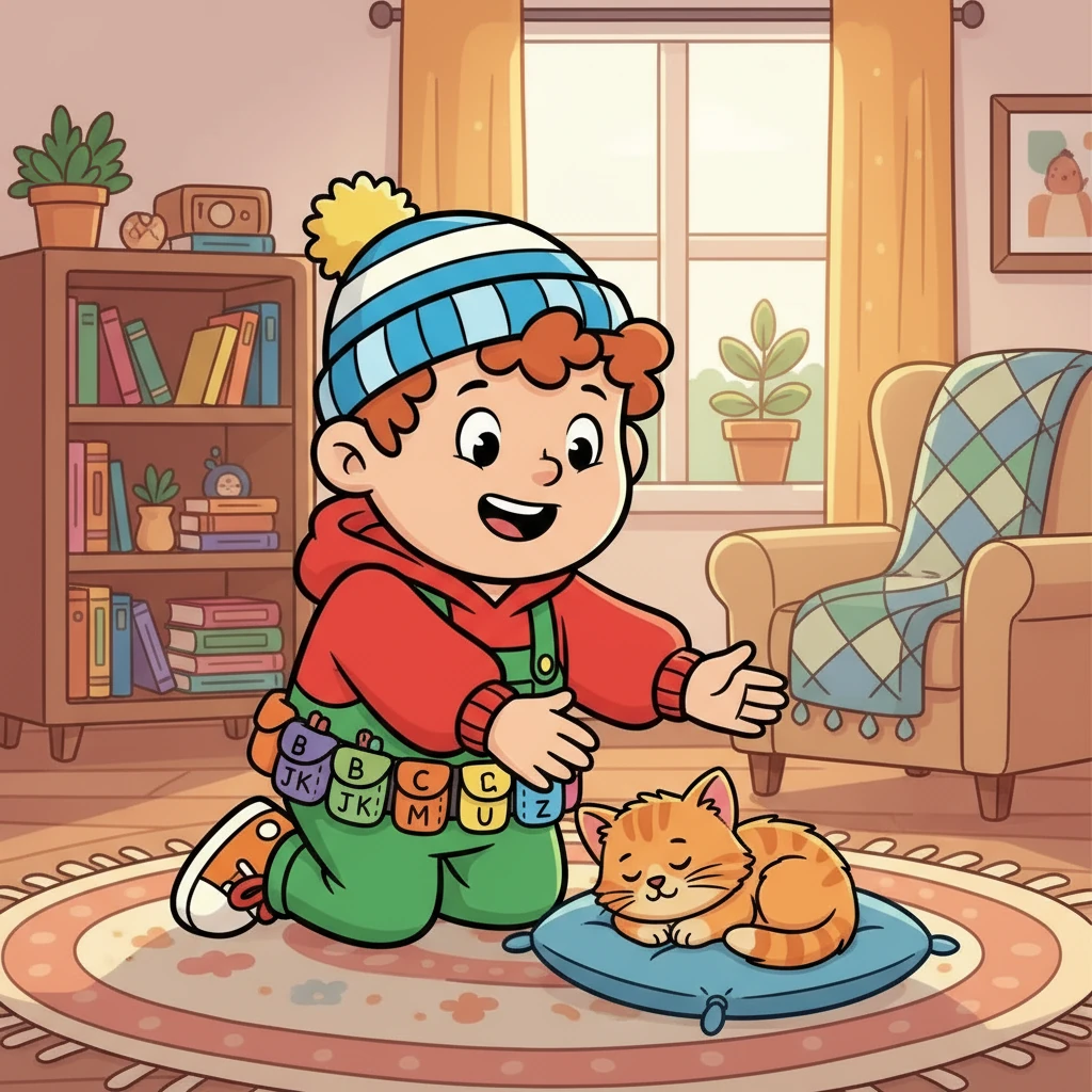 Alfie saw a cute cat curled up. 'C' is for cat, soft and small.
