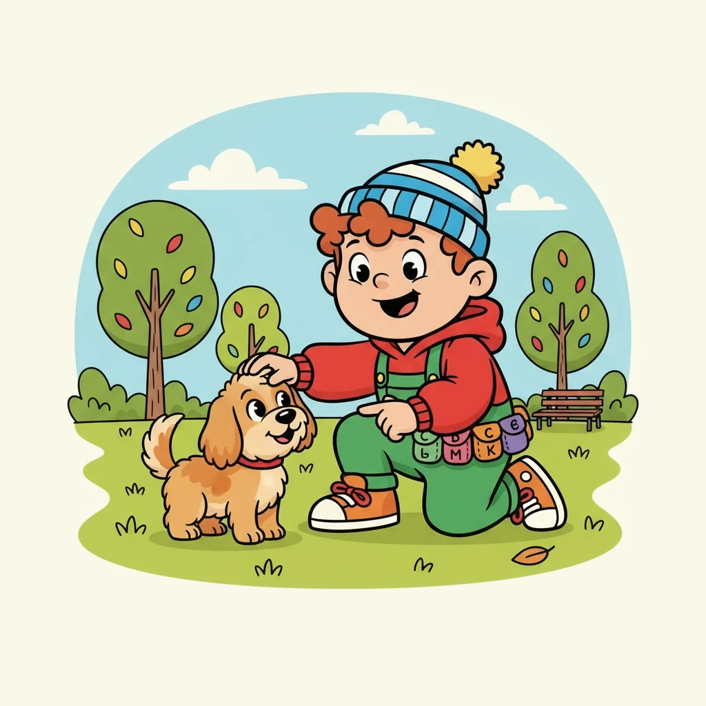 Alfie found a darling dog. 'D' is for dog, always there to play.