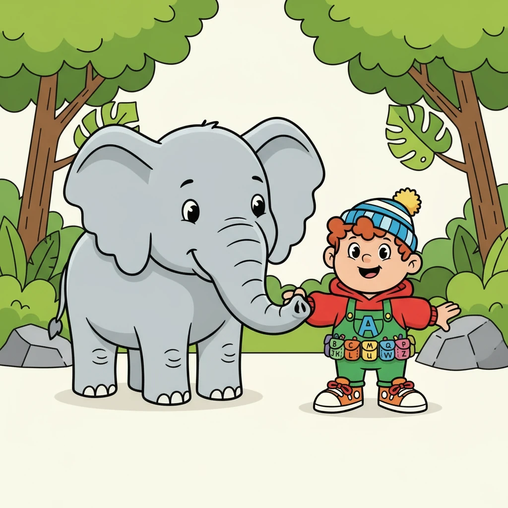 Alfie encountered an elephant. 'E' is for elephant, big and gray.