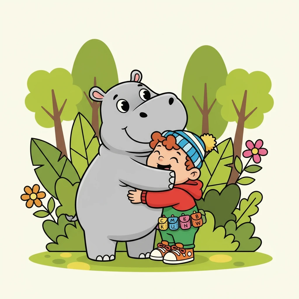 Alfie hugged a happy hippo. 'H' is for hippo, a hug so warm.