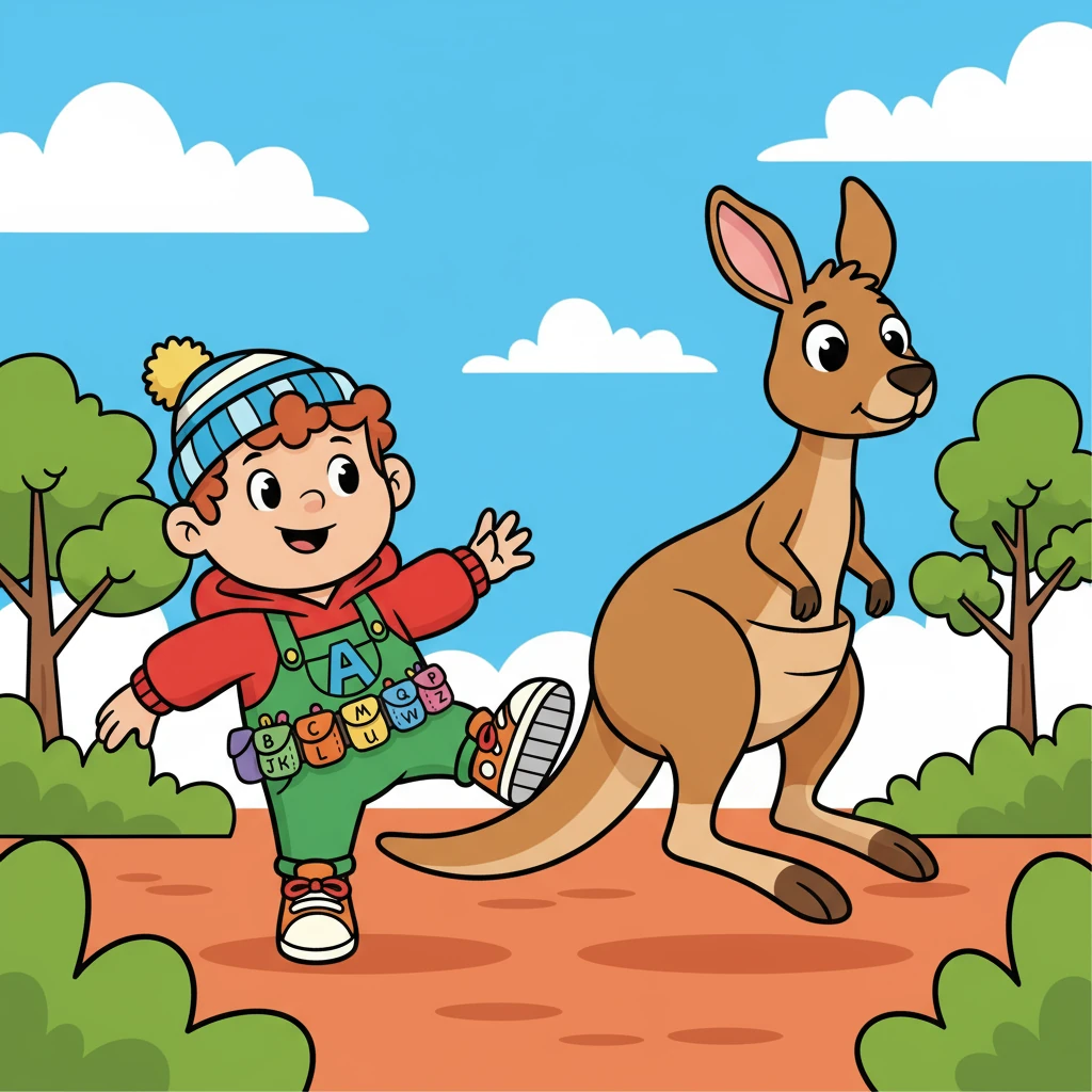 Alfie kicked a kicking kangaroo. 'K' is for kangaroo, a great big hop.