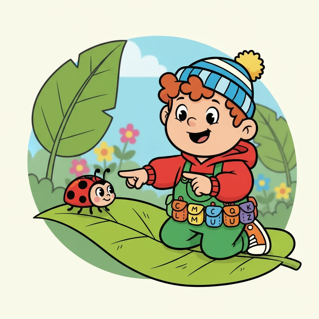 Alfie met a lovely ladybug. 'L' is for ladybug, upon a leaf.