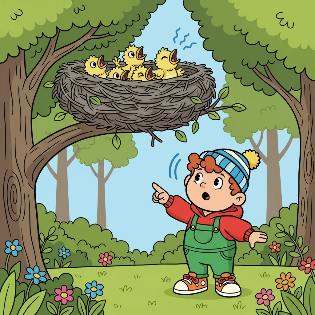 Alfie went near a noisy nest. 'N' is for nest, home for baby birds.