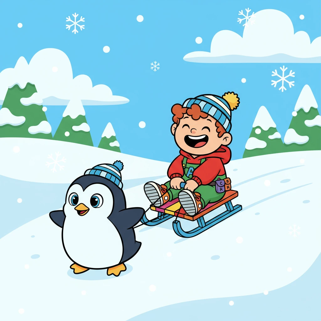 Alfie played with a playful penguin. 'P' is for penguin, sliding with glee.