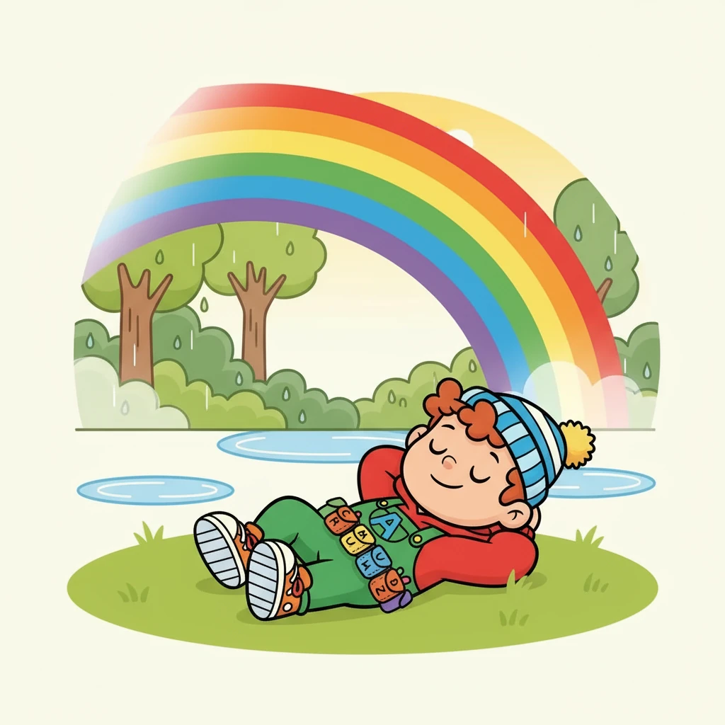 Alfie relaxed near a radiant rainbow. 'R' is for rainbow, after the rain.