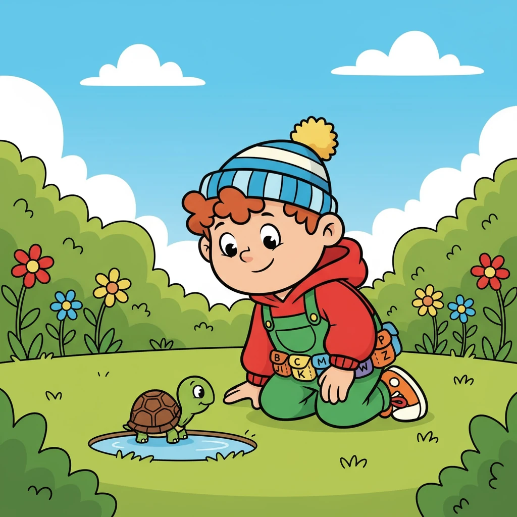 Alfie talked to a tiny turtle. 'T' is for turtle, slow and steady.