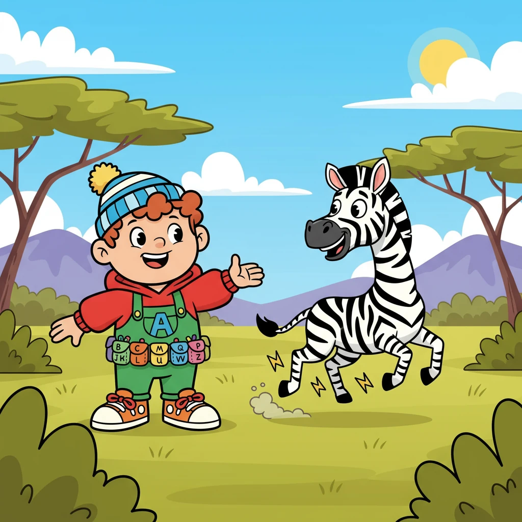 Alfie observed a zippy zebra. 'Z' is for zebra, stripes so grand.