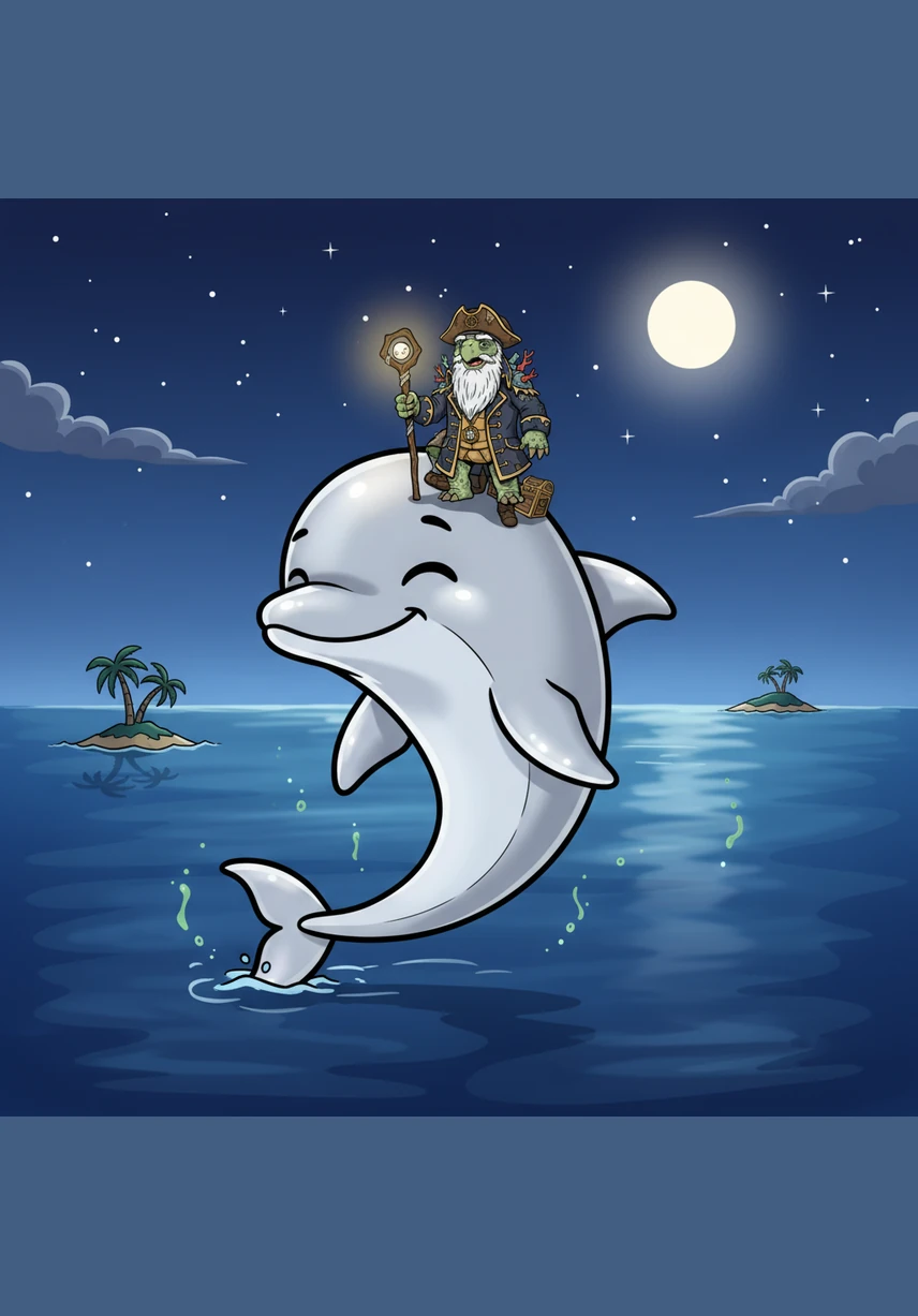 A giant silver moon rose high above the water, casting a shimmering path of light across the gentle waves. Delphie followed the moonlight, feeling peaceful and safe in the vast, quiet sea as the stars began to twinkle one by one.