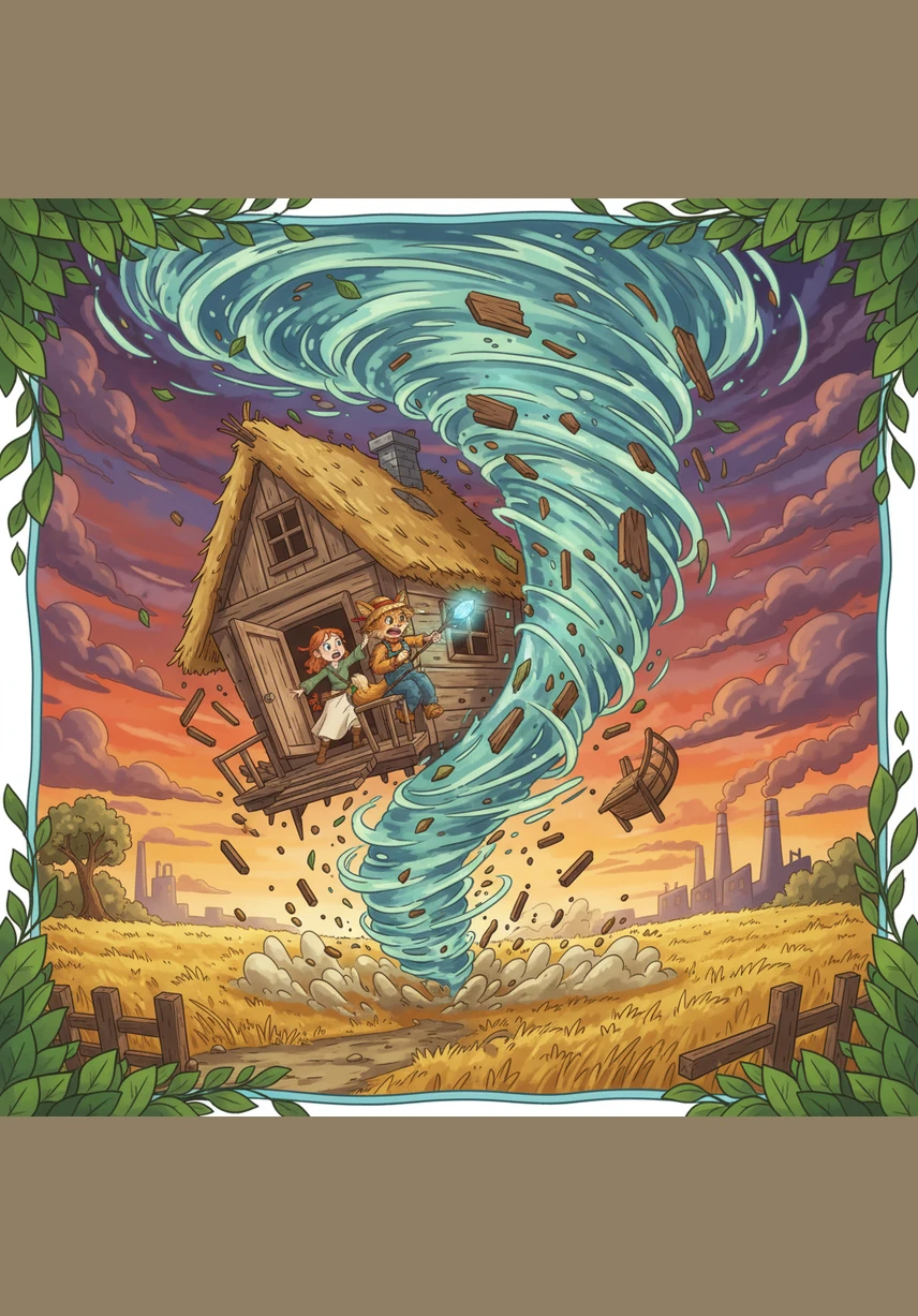 A powerful whirlwind swept up Liza’s small house and her loyal dog, Button, carrying them far beyond the horizon to an unknown land. The girl hugged her pet tightly, watching as her familiar garden disappeared into the clouds.