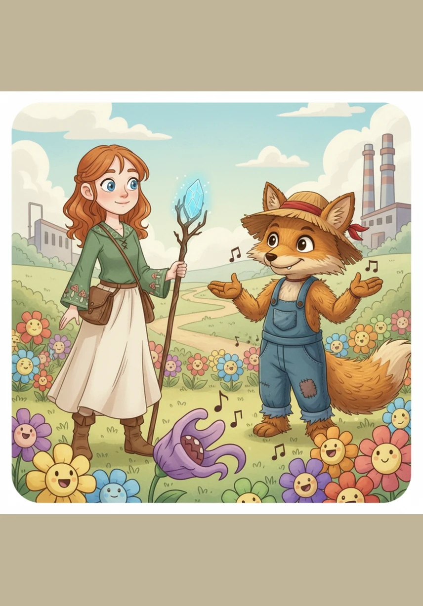Liza found herself in a wondrous country where flowers could sing, and in a field stood an unusual scarecrow named the Straw Fox. He greeted her politely and confessed that more than anything in the world, he dreamed of having clever thoughts.