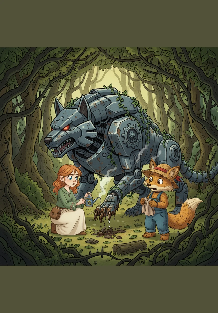 In a thick thicket, they came across a motionless Iron Wolf whose paws were frozen by rust. Liza carefully oiled his joints, and for the first time in many years, the Wolf was finally able to move.