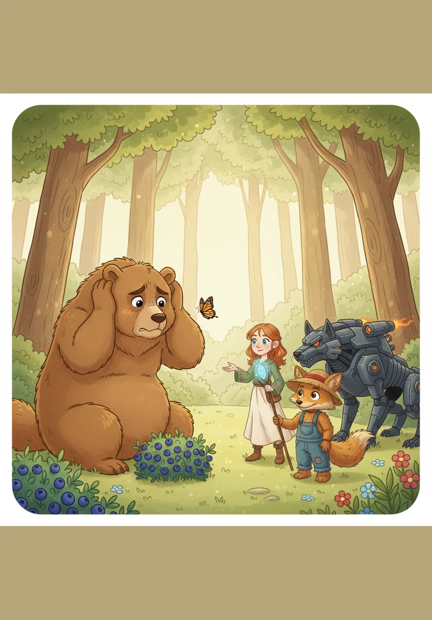 At the edge of the forest, the friends met a huge but very sad Bear who hid behind bushes from every passing butterfly. The Cowardly Bear confessed that he desperately wanted to be brave so he could protect the weak.