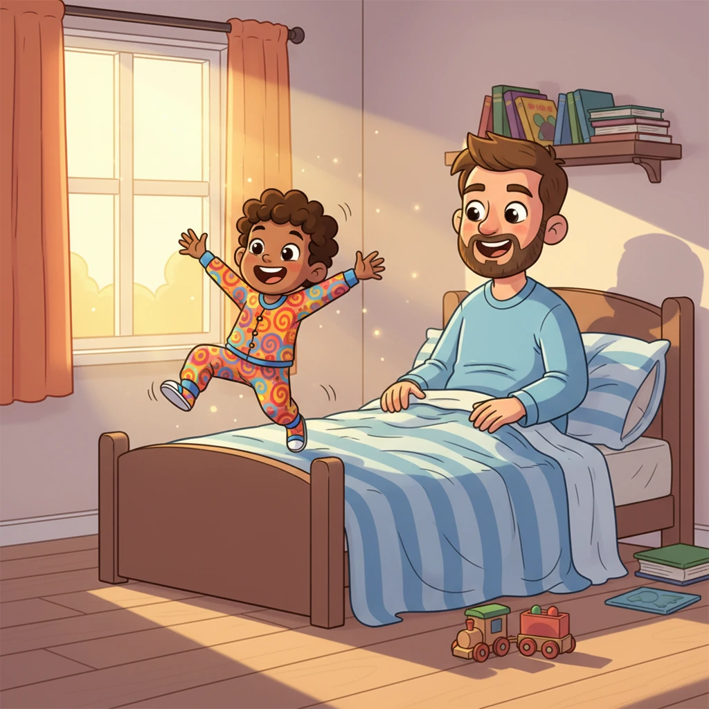 The morning sun peeked through Pip's window, waking him with a giggle. He bounced out of bed, his pajamas a swirl of bright colors, ready for a new day. Papa Leo was already stirring, a warm smile on his face as he heard Pip's happy sounds. Today felt special, full of exciting possibilities.