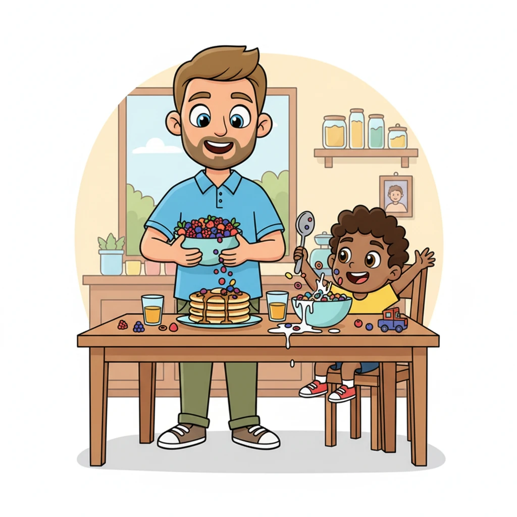 At the kitchen table, Pip eagerly slurped his cereal while Papa Leo poured colorful berries onto their pancakes. They chatted about their plans, their voices light and joyful. Pip gestured wildly with his spoon, describing all the amazing things they would discover. Papa Leo listened patiently, his eyes twinkling.