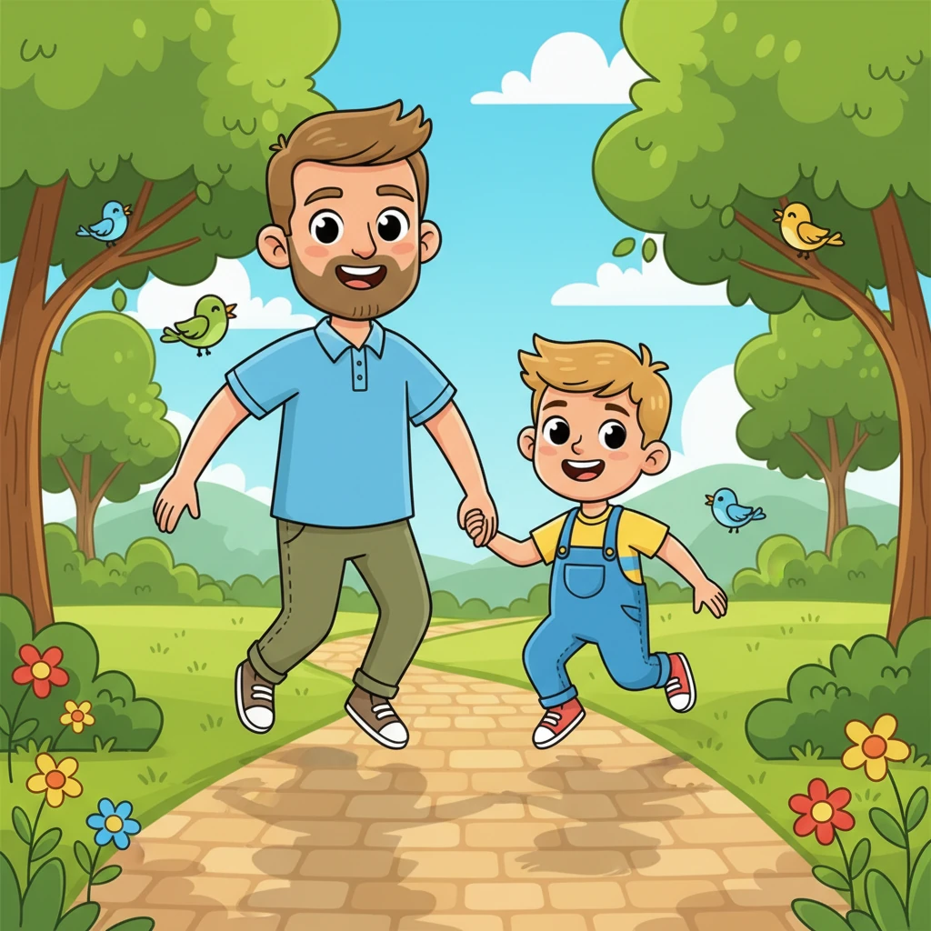 Hand in hand, Papa Leo and Pip stepped into the vibrant green park, sunlight dappling through the leaves. Pip wore his favorite bright blue overalls and a wide grin. The air smelled fresh, and the sounds of chirping birds filled the air, promising a wonderful adventure. They skipped along the winding path, their shadows dancing playfully beside them.
