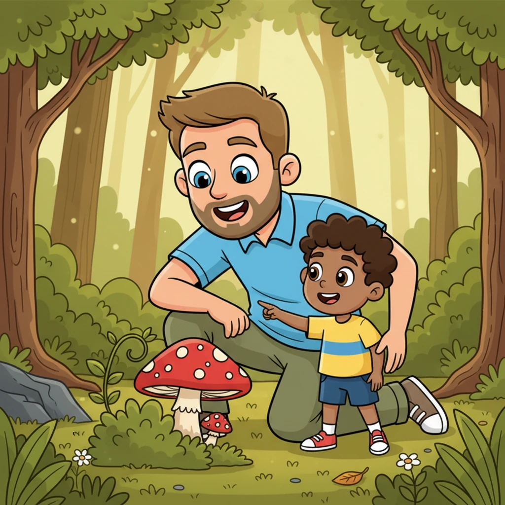 Suddenly, Pip stopped short, pointing with excitement at a bright red mushroom peeking out from under a bush. Its cap was wonderfully spotted, like a tiny umbrella for a fairy. Papa Leo knelt down, marveling at the tiny wonder with his son. They imagined a family of gnomes living underneath it.