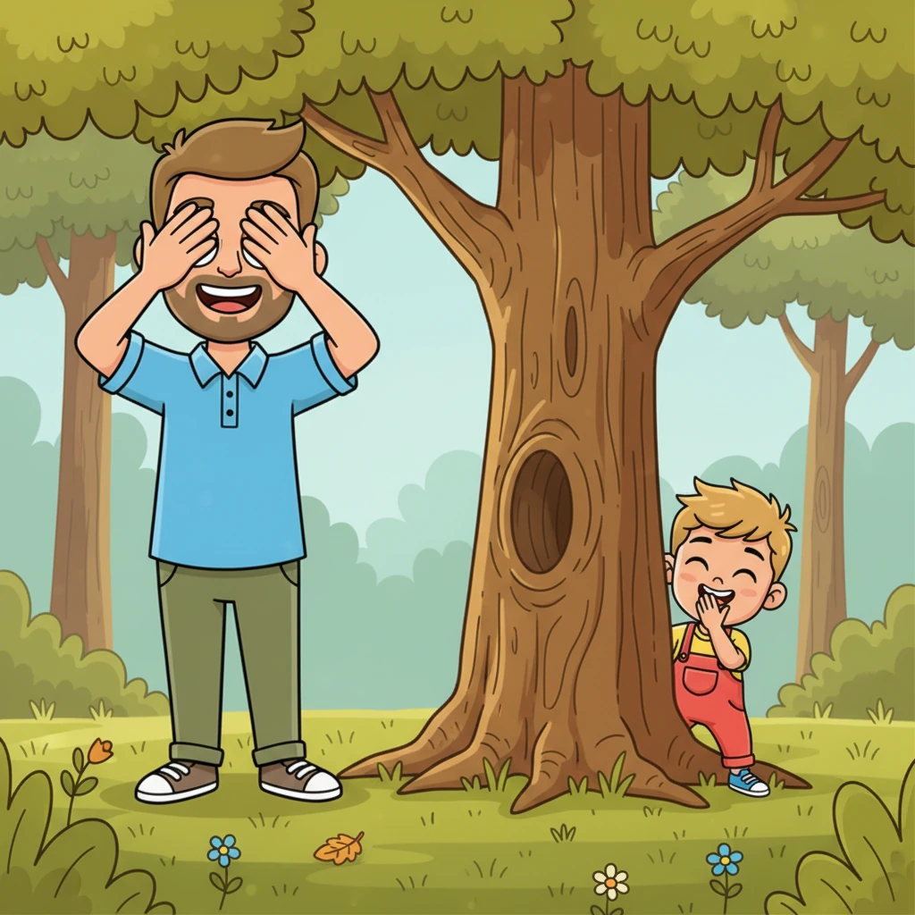 "Ready for hide-and-seek?" Papa Leo boomed, his voice echoing playfully through the trees. Pip squealed with delight, quickly wiggling behind a thick oak. Papa Leo, with exaggerated slowness, began to count, peeking through his fingers with a mischievous grin. Pip giggled, trying his best to stay quiet.