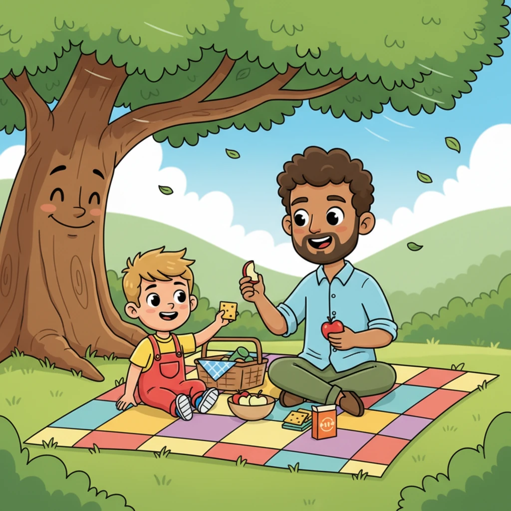 After all that running, a snack break was just what they needed. They sat on a cozy blanket under a giant, friendly-looking tree, munching on apple slices and cheese crackers. A gentle breeze rustled the leaves above them, creating a soothing melody. Pip shared his favorite cracker with Papa Leo, a gesture of pure love.